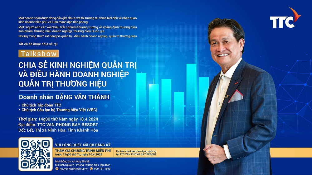 Talkshow "Chia sẻ Kinh nghiệm Quản trị và Điều hành Doanh nghiệp - Quản trị Thương hiệu" của Ông Chủ tịch Tập đoàn - ngày 18.4.2024, tại TTC Van Phong Bay Resort